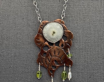 Snow Petal Necklace Made With Solar Quartz and Peridot Beads