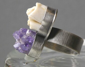 Two And Three Eights Mountain Range Ring Made With Amethyst And Deer Tooth