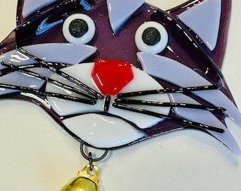 Fused Cat Face Suncatcher with Bell in Purple