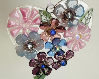 Fused Glass Flower Heart Ornament/Sun Catcher in Purple and pink