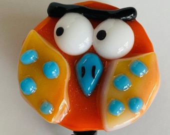 Owl in Orange Retractable Badge Holder Fused Glass.