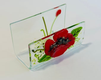 Business Card Holder in Fused Glass ( Red Poppy Flower)