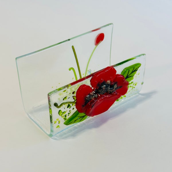 Business Card Holder in Fused Glass ( Red Poppy Flower)