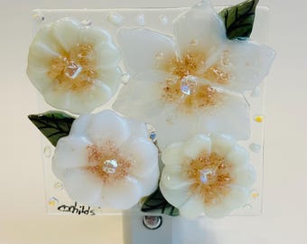 Fused Glass Night Ivory Flowers