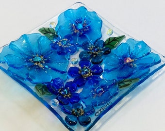 Fused Glass Flower Spoon Rest, Blue Trinket Dish, Hand-Painted Leaf Detail
