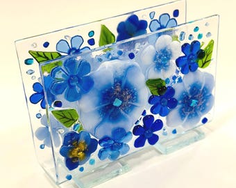 Fused Glass Napkin Holder Blue Floral