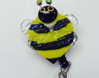 Retractable Badge Holder Fused Glass Bumble Bee