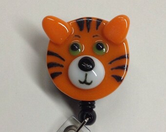Retractable Badge Holder Fused Glass Tiger