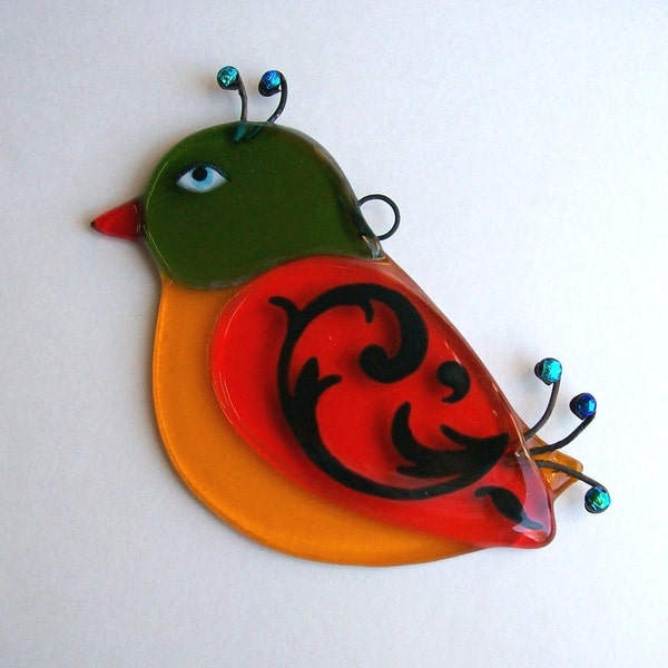 Fused Glass Bird Suncatcher (Orange)