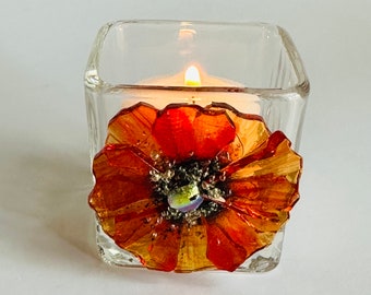 Fused Glass Flower Tea Light-Red