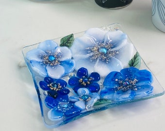 Fused Glass Spoon Rest: Blue Flower Trinket Dish, Handmade