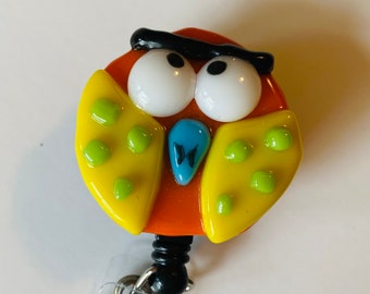 Owl in Yellow/orange Retractable Badge Holder Fused Glass.