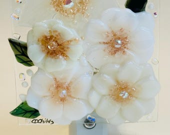 Fused Glass Night Ivory Flowers
