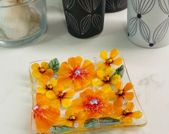 Orangefarbene Blumen Löffelablage/Schmuckschale/Ringschale/Seifenschale aus verschmolzenem Glas