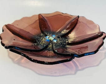 Fused Glass Flower Trinket Dish: Mauve Purple Ring/Soap Dish
