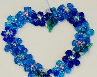 Fused Glass Foral Heart Sun Catcher in Blues