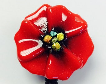 Retractable Badge Holder Fused Glass Red Poppy