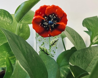 Fused Glass Plant Stake and Garden Stake (Red Poppy)