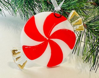 Fused glass peppermint Christmas Ornament (Red/White).