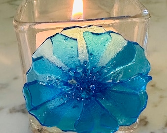 Fused Glass Blumen Teelicht (türkis)