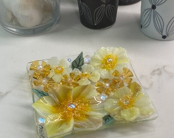 Handmade Fused Glass Spoon Rest: Yellow Flower Trinket Dish