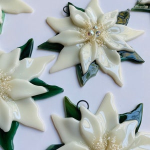 Fused Glass Christmas Ornaments Poinsettia in Cream image 3