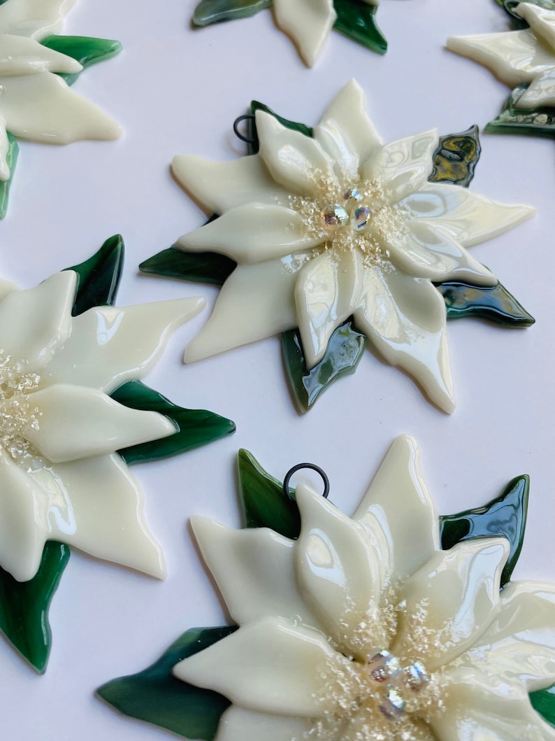 Fused Glass Christmas Ornaments Poinsettia in Cream image 3