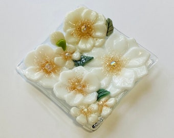 Fused Glass white and Rose Gold Flower Spoon Rest/Trinket Dish/Ring Dish/Soap Dish