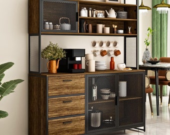 Modern Wood Sideboard Buffet Storage Cabinet with Hutch, 3 Metal Mesh Doors, 3 Drawers & Shelves, Kitchen Pantry Cupboard Console Table