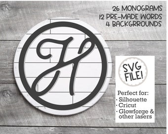 Farmhouse Monogram SVG | Shiplap Personalized Round | Black and White Cut File | Door Hanger Laser Cut