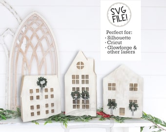 Casas de Navidad simples 3D SVG / Pueblo de Navidad 3 piezas / Casas simples / Archivo de corte láser 3D / Archivo de patrón SVG Glowforge / Granja