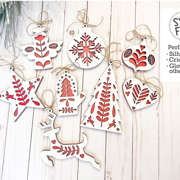 Folk Art Ornaments SVG File | Christmas Cut Pattern | Star Heart Tree Angel Decor | Nordic Style Hygge | Glowforge Laser Cut File | Set of 8