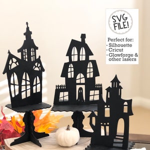 Haunted House SVG Set Halloween Cut File Hand Drawn House Pedestals Laser Template Easy Beginner Pattern Laser Cutting Glowforge image 1