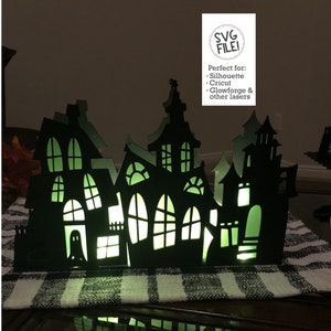 Triple Haunted House SVG Box | Light Up Box Template | Halloween Cut File | Glowforge Laser Template | Spooky Wood Decoration | Windows