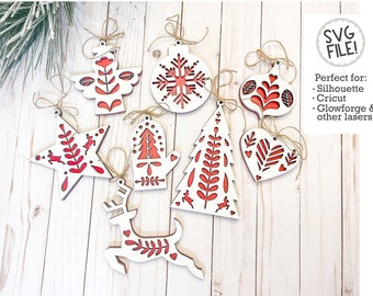 Folk Art Ornaments SVG File | Christmas Cut Pattern | Star Heart Tree Angel Decor | Nordic Style Hygge | Glowforge Laser Cut File | Set of 8