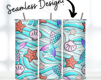 Inflated Mermaid Tail Seashell 20oz Tumbler Wrap Skinny Straight, Tumbler Sublimation Design, Digital Download, Starfish Seamless 3D Puffy