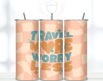 Travel More Worry Less Retro 20oz Tumbler Wrap Skinny Straight, Tumbler Sublimation Design, Digital Download, Checker, Hippie PNG