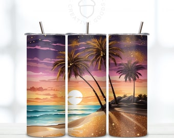 Beach Sunset Purple Tumbler 20oz Tumbler Wrap Skinny Straight, Tumbler Sublimation Design, Digital Download, Realistic Design, Golden Sand