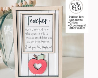 Teacher Definition Sign File | Teacher Gift SVG | Apple Heart Pattern | Thank You Appreciation Present | Student Glowforge