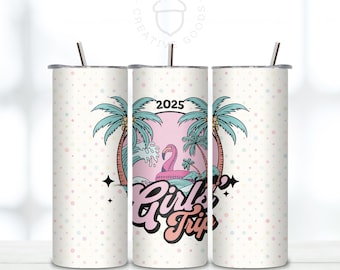 Girls Trip Retro 20oz Tumbler Wrap Skinny Straight, Tumbler Sublimation Design, Digital Download, Ocean Summer 2025, Palm Trees Flamingo
