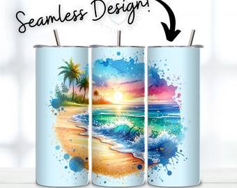 Beach Sunset 20oz Tumbler Wrap, Seamless Sublimation Design (Digital Download)