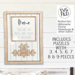 Día de la Madre ((Mama)) Signo de rompecabezas / Regalo de la abuela / Archivo SVG personalizado / Patrón digital Glowforge / Signo shiplap / Láser fácil