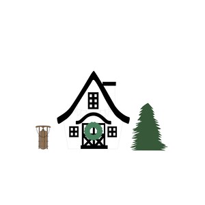 May include: A black and white illustration of a house with a wreath on the door, a green Christmas tree, and a brown sled.