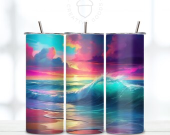 Ocean Sunset 20oz Tumbler Wrap, Rainbow Beach Design (Digital Download)