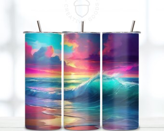 Ocean Sunset Tumbler 20oz Tumbler Wrap Skinny Straight, Tumbler Sublimation Design, Digital Download, Realistic Design, Rainbow Beach