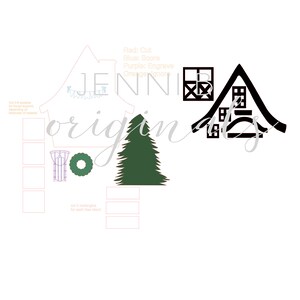 May include: A printable Christmas house craft template with a black and white house design, a green Christmas tree, a wreath, a sled, and the text "JENNI originals".