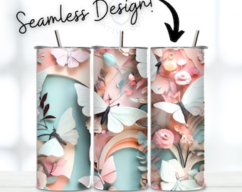Peach and Aqua Butterflies Tumbler 20oz Tumbler Wrap Skinny Straight, Tumbler Sublimation Design, Digital Download, Seamless Design 3D
