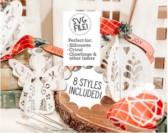 Folk Art Ornaments File | Set of 8 | SVG Pattern | Nordic Hygge Scandinavian | 3D Glowforge Christmas | Simple Easy Holiday Decor | Gift