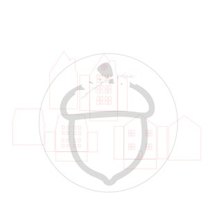 May include: A gray and white illustration of a stylized acorn with a house inside. The acorn is surrounded by a circle of small houses with windows.