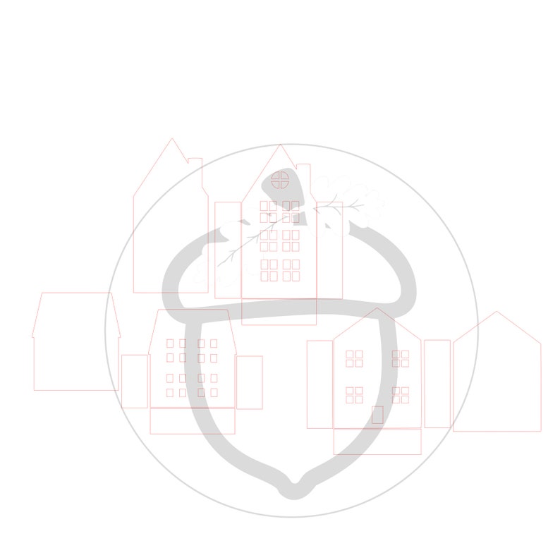 May include: A gray and white illustration of a stylized acorn with a house inside. The acorn is surrounded by a circle of small houses with windows.